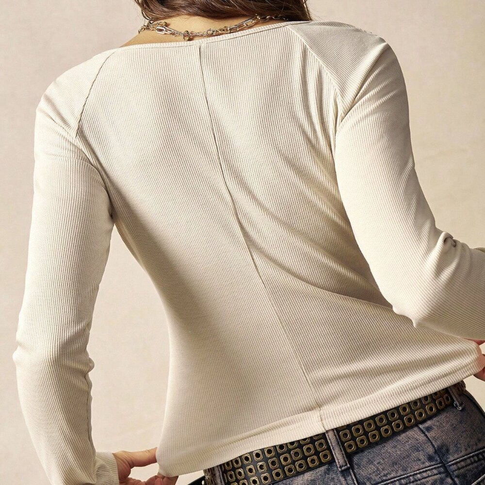 Apricot Casual Women's Knit Long Sleeve Fitted T-Shirt Lace - Picture 2 of 8